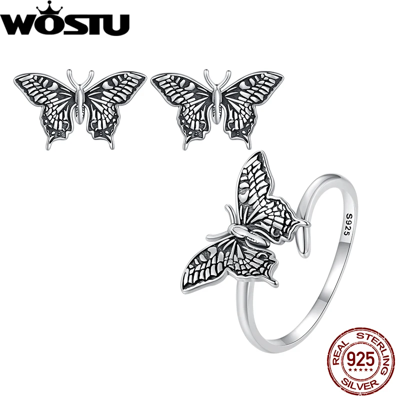 WOSTU 925 Sterling Silver Butterfly Earrings Open Ring Set Oxidized Silver for Women Girl Party Gift Vintage Adjustable Jewelry