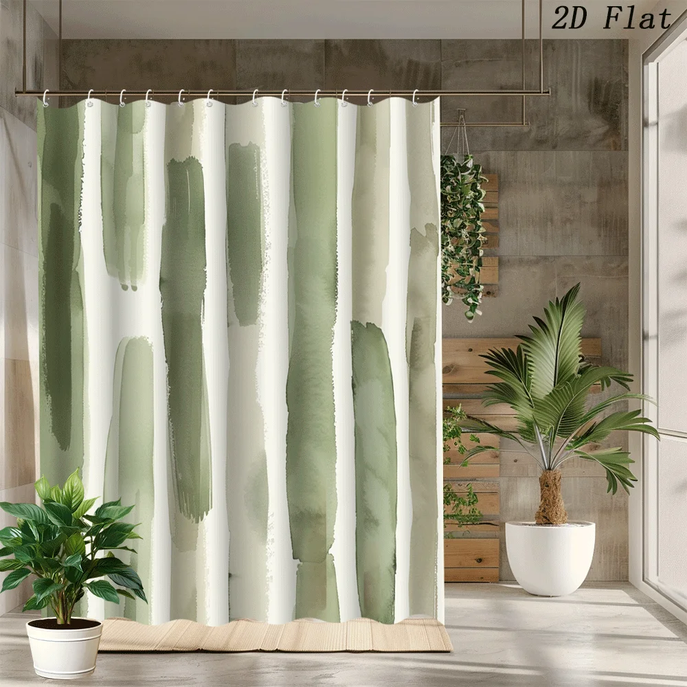 

2D плоская шторка для душа, 1 шт., 2D плоская, зеленая, в минималистском акварельном стиле, с вертикальными полосами, из полиэстера.