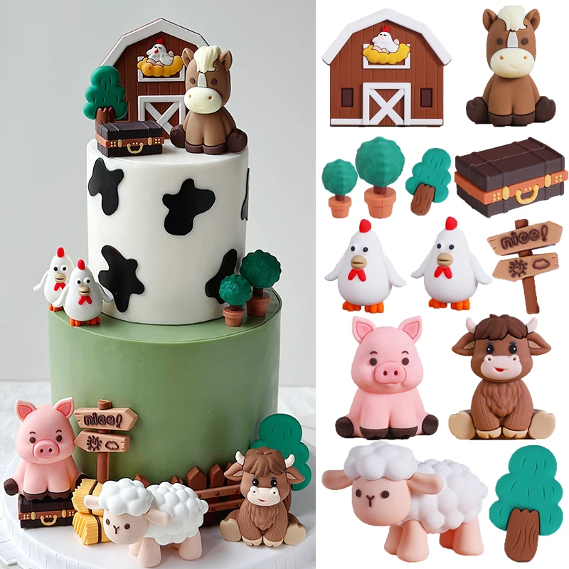 Farm Animals Cake Topper Yaks Ponies Sheep Piglets Chickens Cake Decorations Kids Birthday Party Decor Baby Shower Supplies