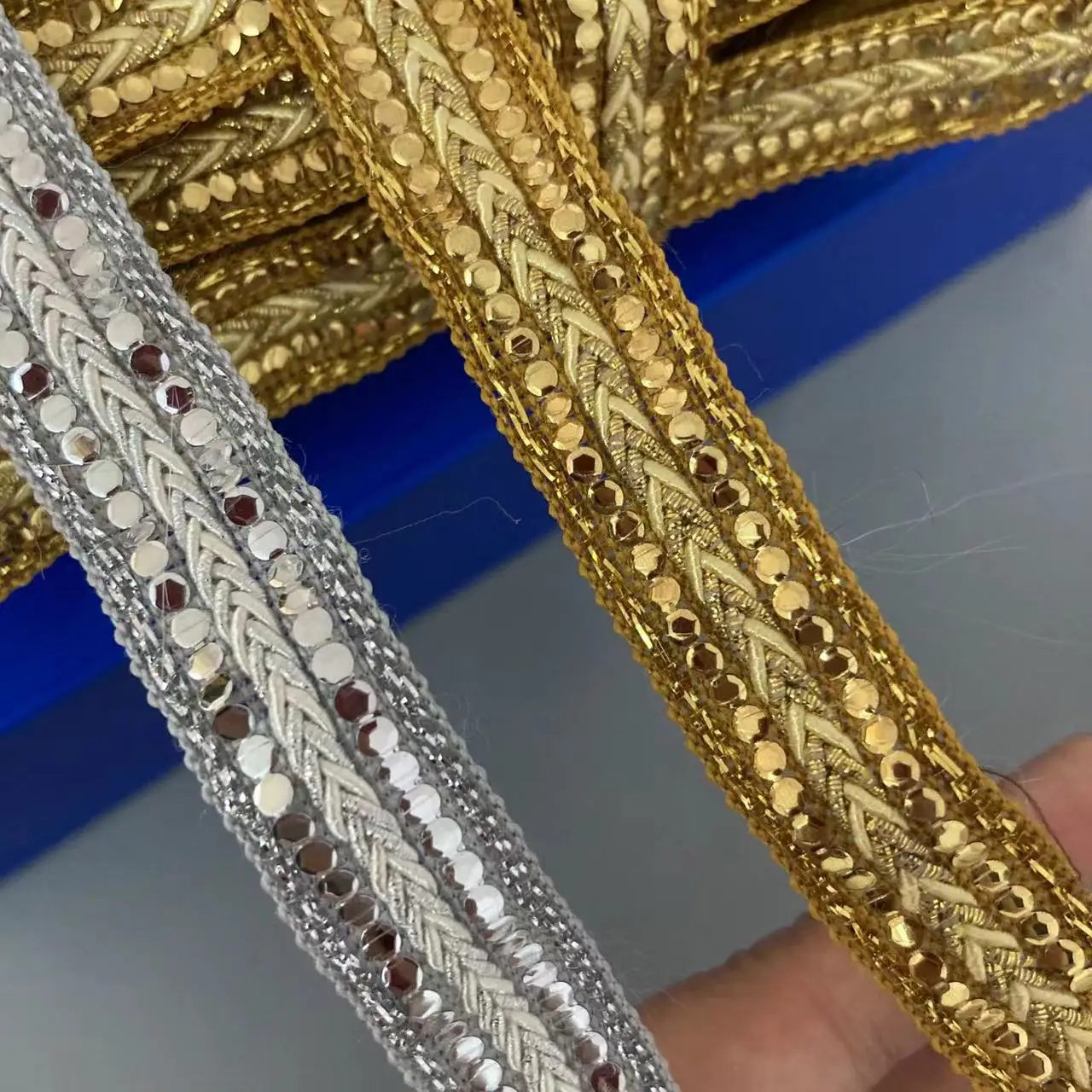 2 Yards 1.7cm Bead Sequin Lace Trims Webbing Ribbon National Wind Jacquard Clothing Decorative Embroidered For Bridal Sewing