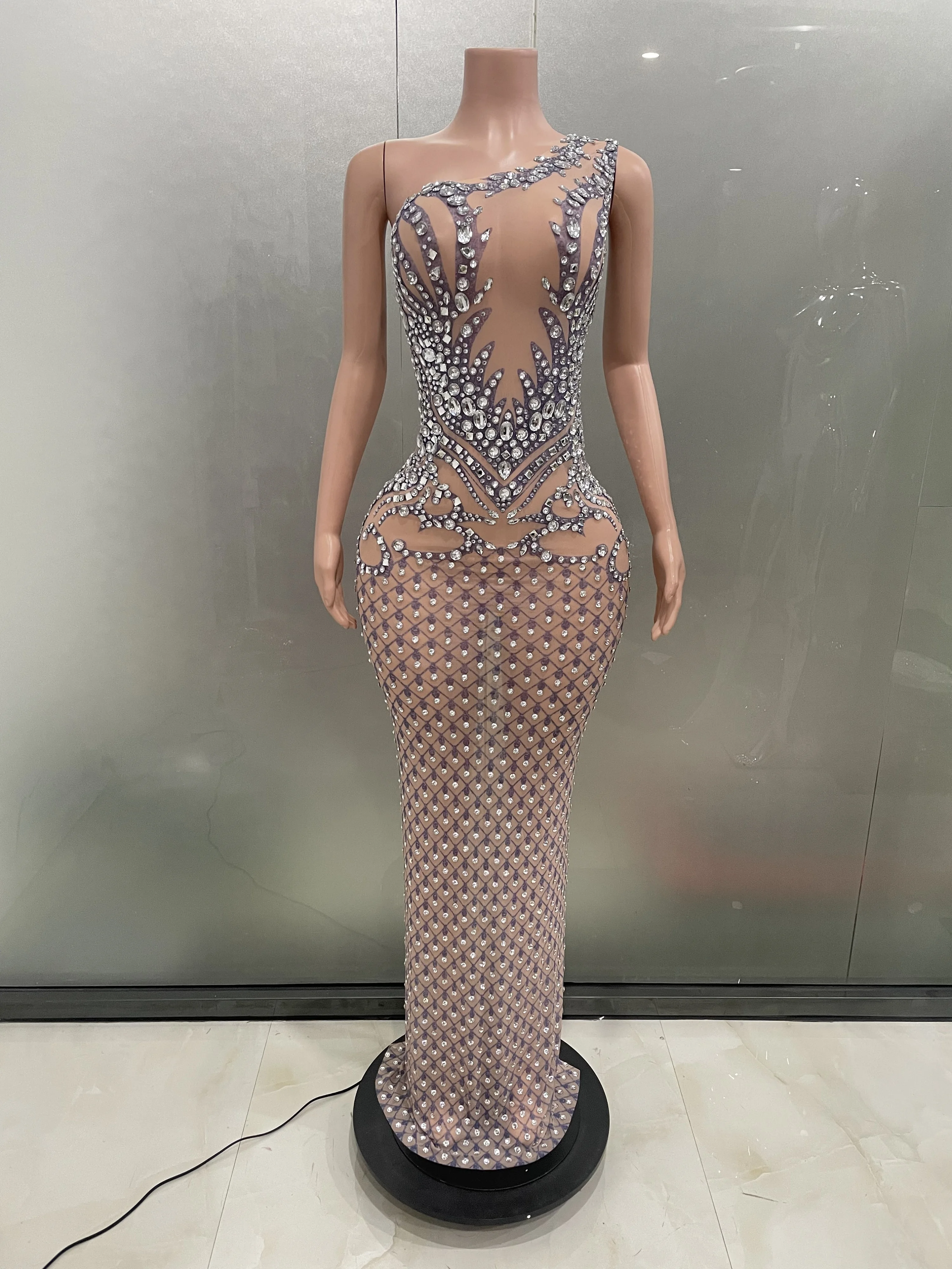 Women Sexy Luxury Diamond One Shoulder See Through Sheath Long Dress Evening Party Performance Costume Nightclub Stage Wear