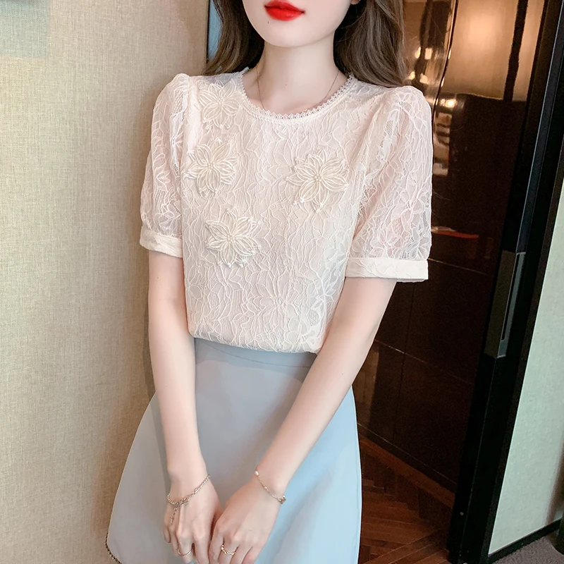 Fashion New Summer Short Sleeve O-Neck Women Blouse Casual Lace Blouse Shirt Women Tops  Blusas Mujer De Moda 2024 Verano J771