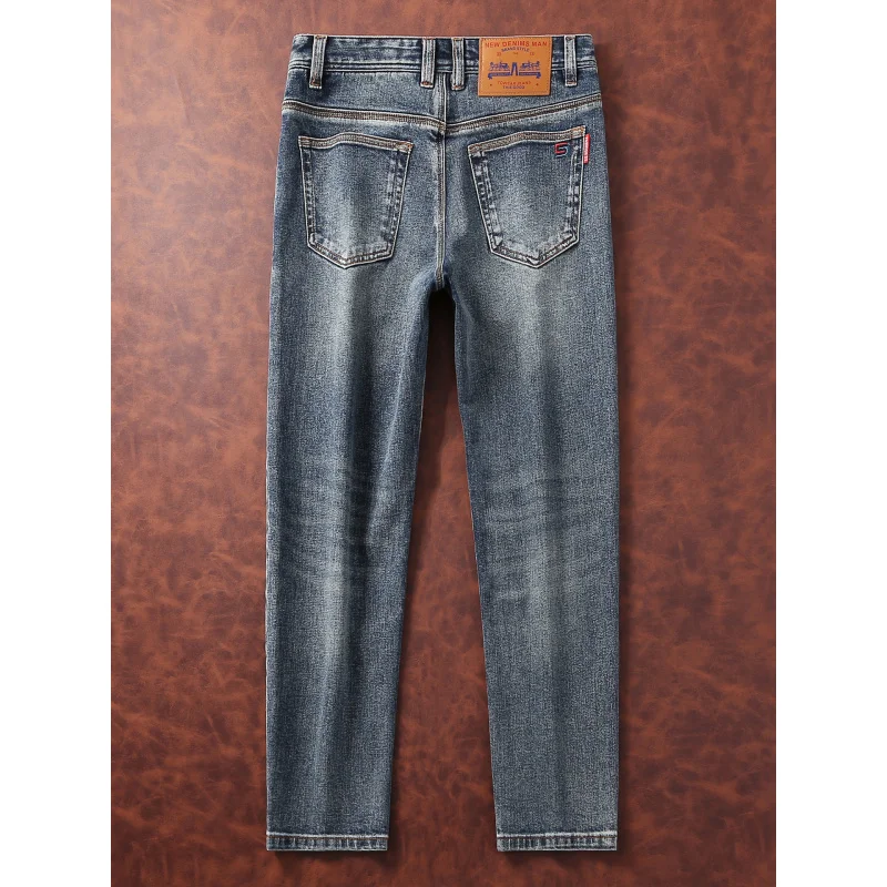 

Корейская версия джинсов, мужские осенние синие минималистичные модные трендовые эластичные облегающие маленькие повседневные брюки прямого кроя