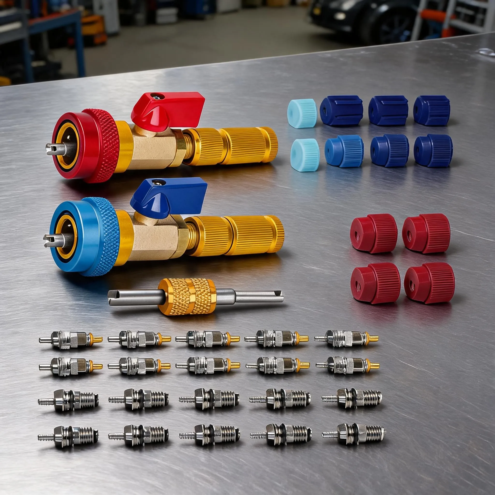 R134a AC Repair Tool Kit with High Pressure for Red Low Pressure Blue Valves Dual Head Wrench and 20 Replacement Valve Cores