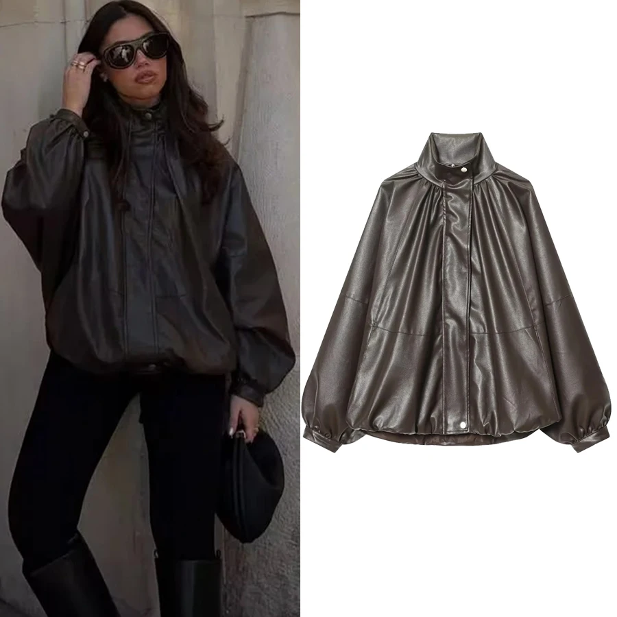 

Women New Faux leather Jacket Women's Leisure style Lantern Sleeve Stand collar Zipper Loose Outerwear Female Coat