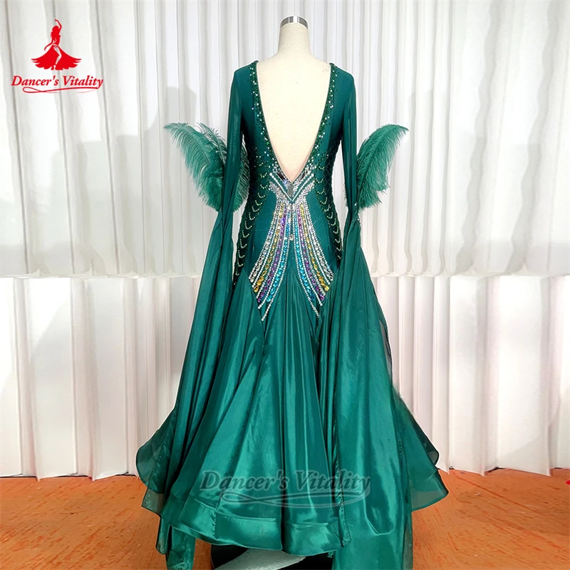 Standard Social Dance AB Stones Long Sleeves V-back Dresses Customize Adult Waltz Foxtrot Competition Clothing Dancer's Vitality