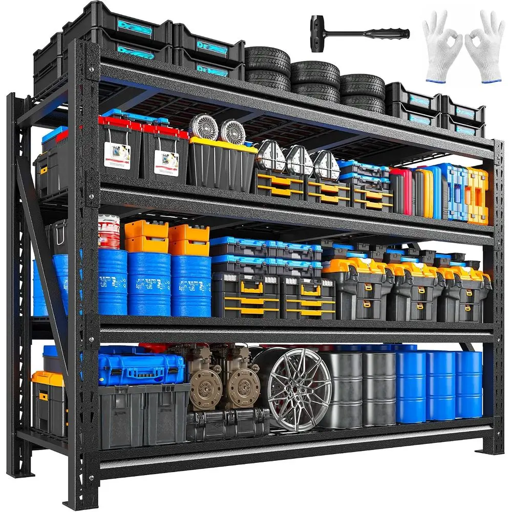 4-Tier Heavy-Duty Garage Shelving, 68.2 Wide, Wire Deck, Rust & Water Resistant, 23.5 Deep x 72 High, Black