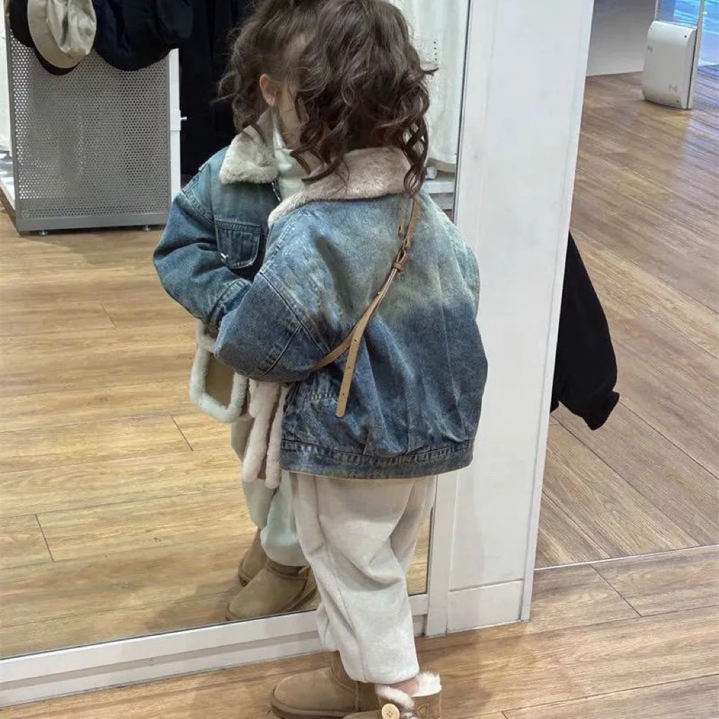 معطف الدنيم للأطفال والبنات ملابس الخريف/الشتاء سترة غير رسمية سميكة قطيفة للأطفال جديدة 90-140 سنتيمتر