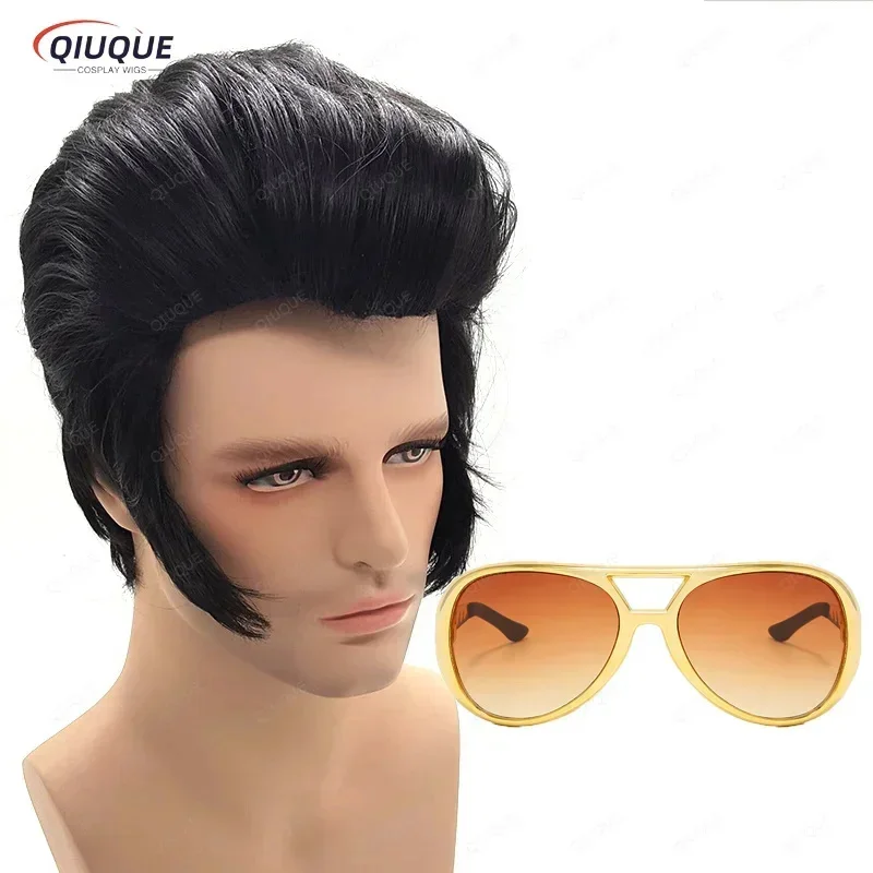 New! Men's Rock singers Elvis Aron Presley Cosplay Wig Elvis Presley Black Heat Resistant Synthetic Hair Party wig Wig Cap