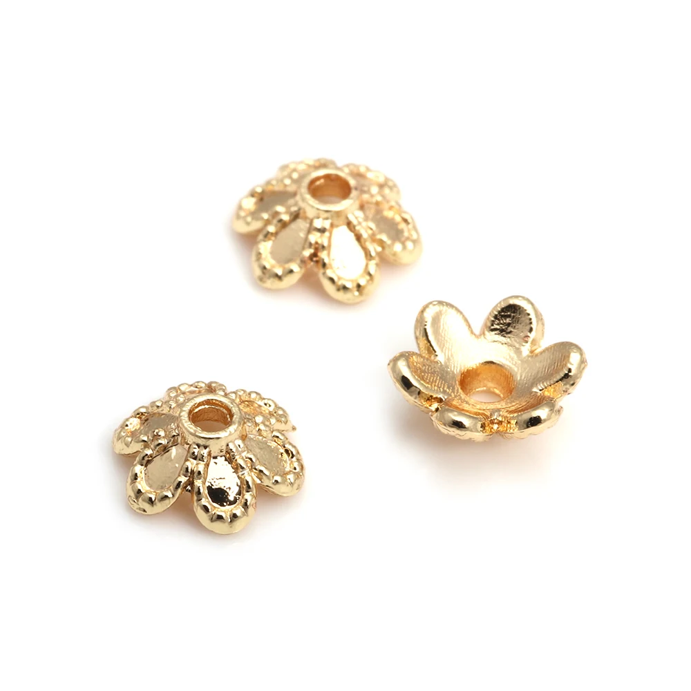 50PCS 18K Gold Color Brass Flower Tree Leaf Round Beads Caps Tessal Caps Jewelry Beads Making Supplies Diy Findings Accessories