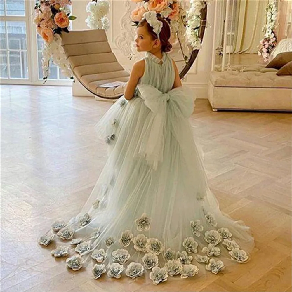 

Cupcake Flower Girls Dresses with Long Sleeve High Neck Crystal Sash Little Birthday Party Gown Lace