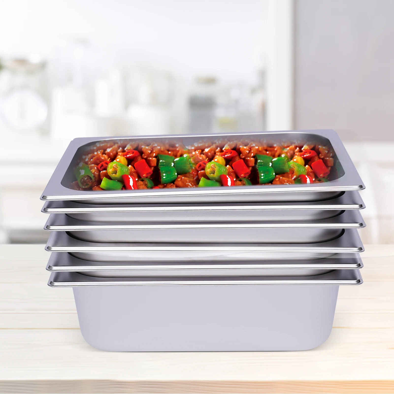 

6 Pcs 12.99*10.24*2.36inch Deep Restaurant 201 Stainless Steel Table Pans with Curved Bottom for Fridge, Oven, Steam Table