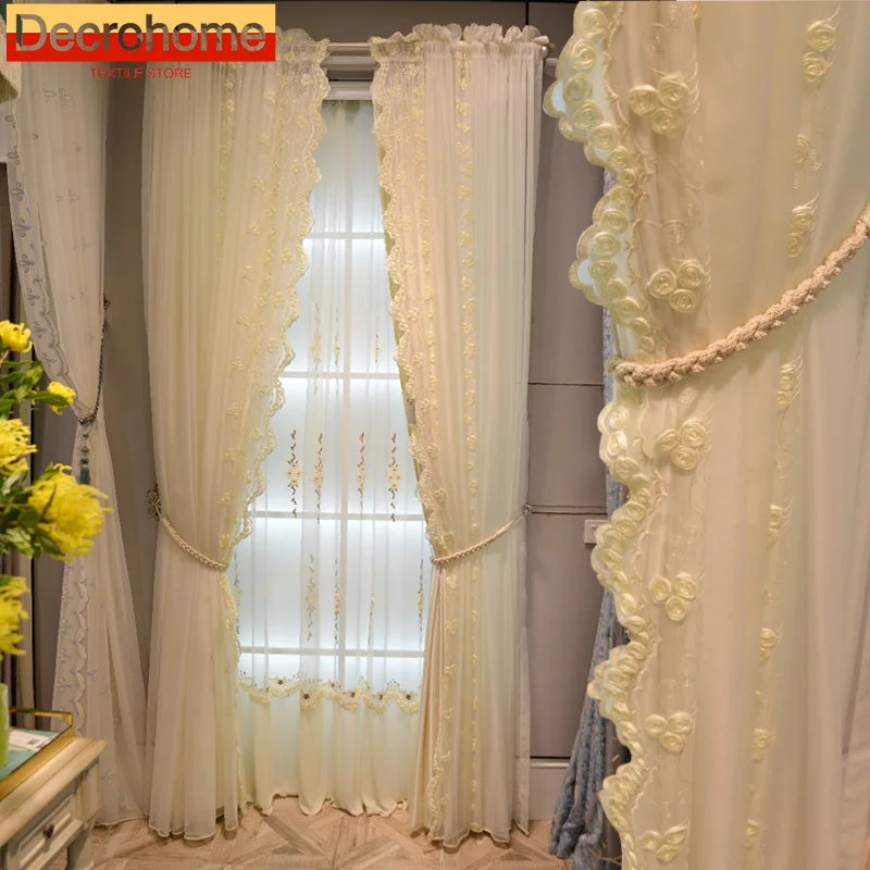 European Lace Girls Curtains for Living Room Bedroom New French Princess Style Girls Floating Window Princess Curtains Customize