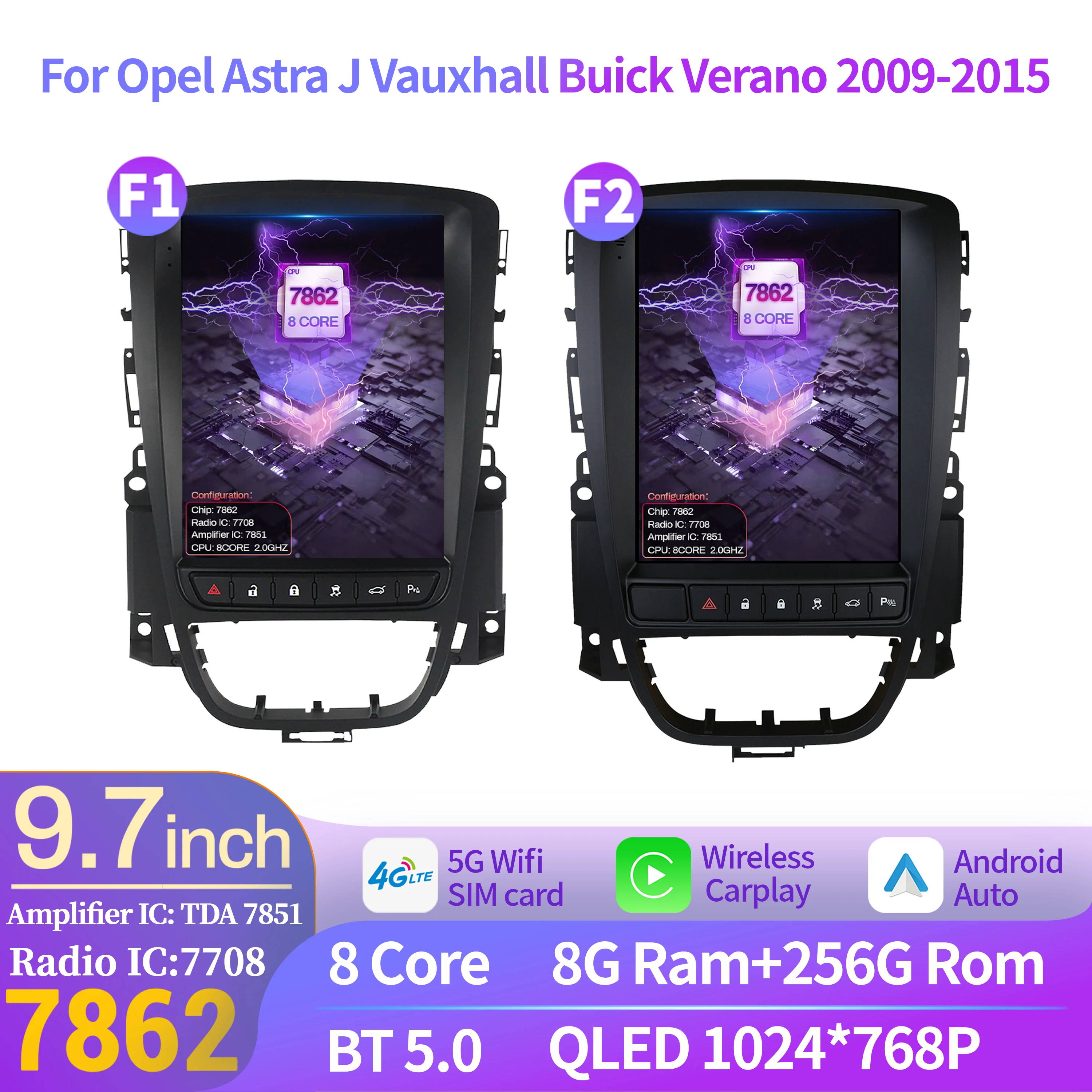 9,7 ′′ para Opel Astra J Vauxhall Buick Verano 2009-2015 Android Auto Radio Carplay Multimedia navegación pantalla QLED