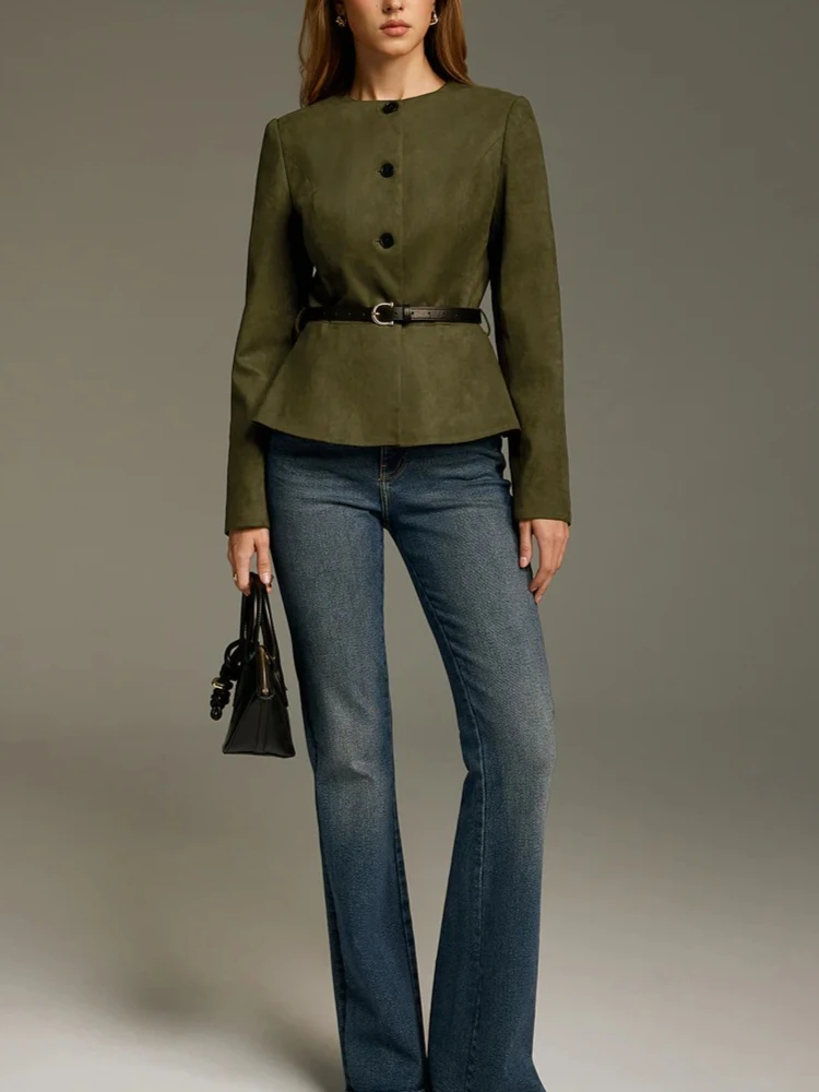 

UOOZEE 2026 New Vintage Solid Color Suede Jacket Women Belted O-Neck Long Sleeves Buttoned Slim Fit Casual Office Outerwear