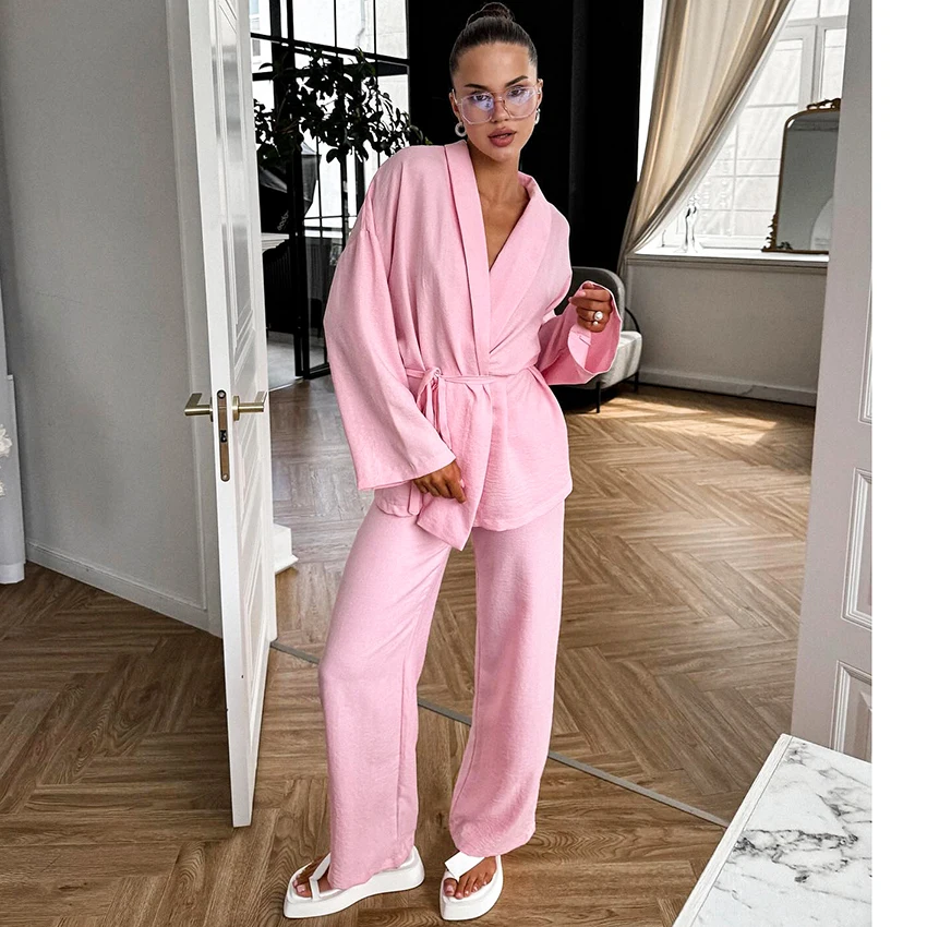 

Hiloc Fall Casual Pink 2 Piece Sets Home Elastic Waist Pants With Wrap Blouse Elegant Long Pants Outfits For Women Pajamas 2025