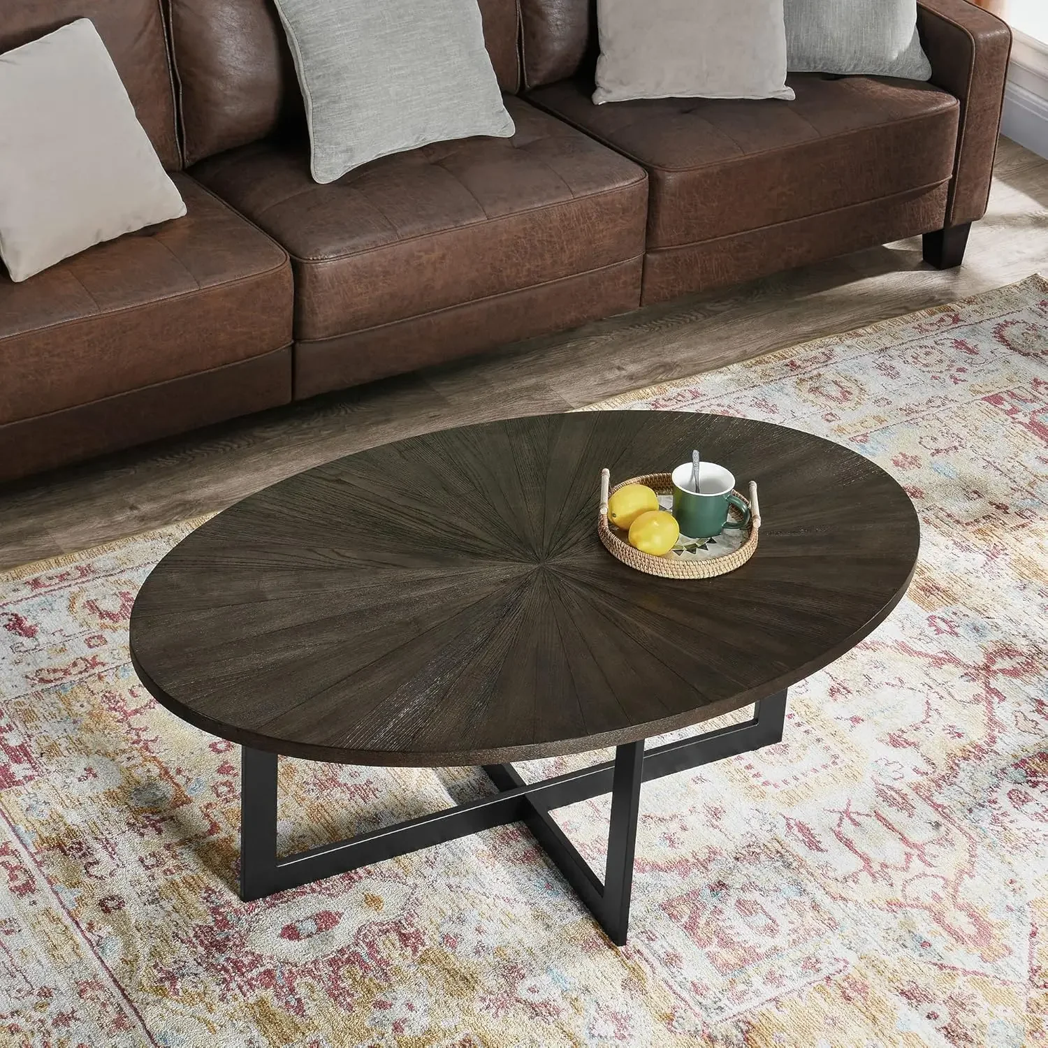 Solid Wood Oval Coffee Table with Cross Metal Legs, 47.9