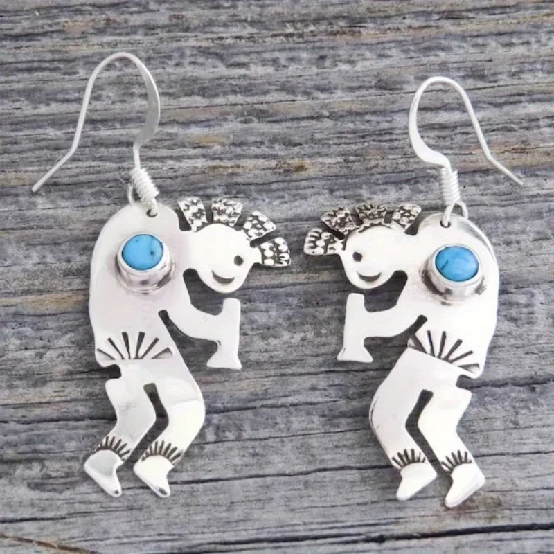 Vintage Inlaid Synthetic Turquoise Hand Carved People Shaped Dangle Earrings for Women's Fashion Creative Pendant Jewelry Crafts