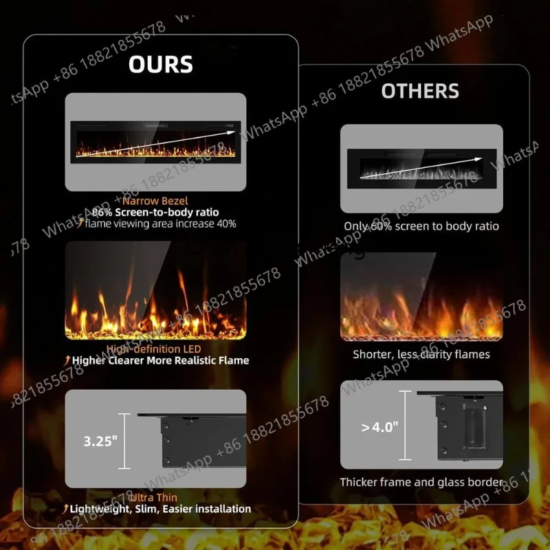 72 Upgraded Ultra Slim Electric Fireplace Insert, Wall-Mounted with Remote & Touch Controls, 1500W Heater, Timer Featured