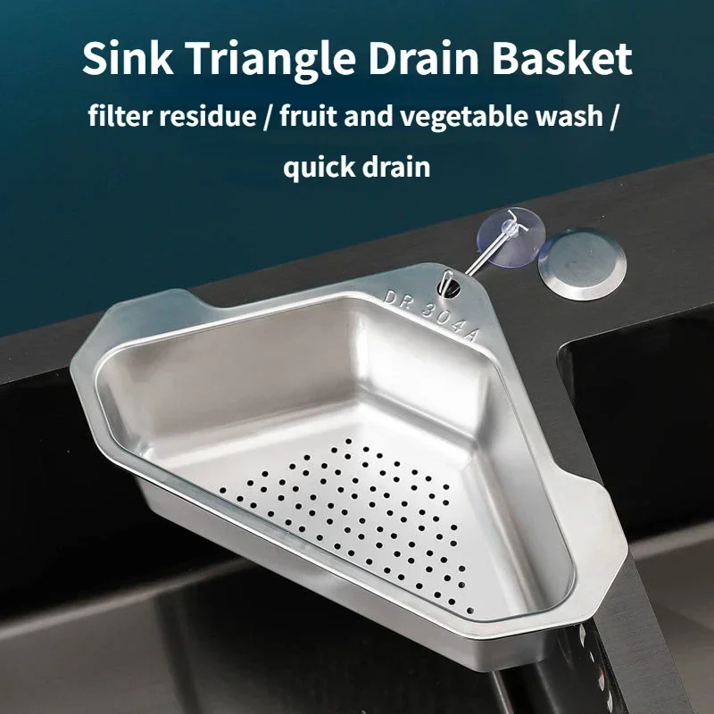Mir de vidange triangulaire pour évier de cuisine, panier en acier inoxydable, passoires, filtre alimentaire, panier de rangement, évaluation