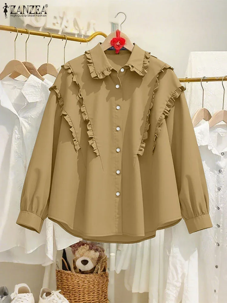 잔제아 여성 패션 셔츠 2025 가을 긴팔 러플 블라우스 우아한 오피스룩 여성 튜닉 탑 솔리드 컬러 블루사 여성복