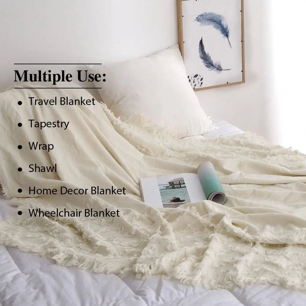 Simple&Opulence 100% Cotton Winter Warm Throw Blanket for Sofa Knit Woven Boho with Tassels Lightweight Soft Blankets for beds