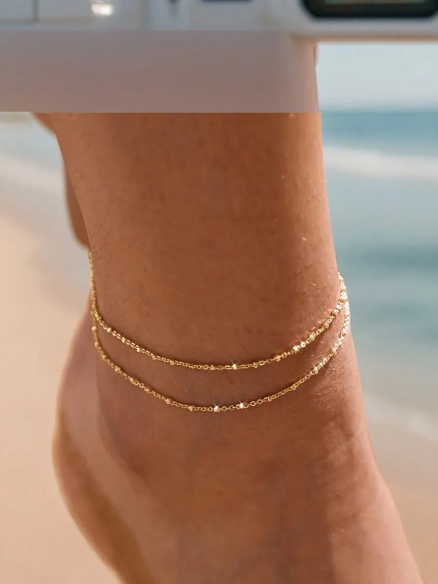 1pc Stainless Steel Double-Layered Stacked Anklet, Bohemian Beach Style Foot Chain, Ideal Gift For Women Valentine's Day Accesso view 4