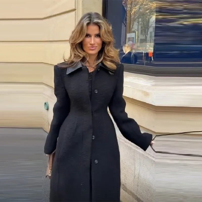 Shirt Collar Slim Fit Black Coat Fashion Single Breasted Long Sleeve High Street Overcoat 2025 New Winter High Street Outerwear