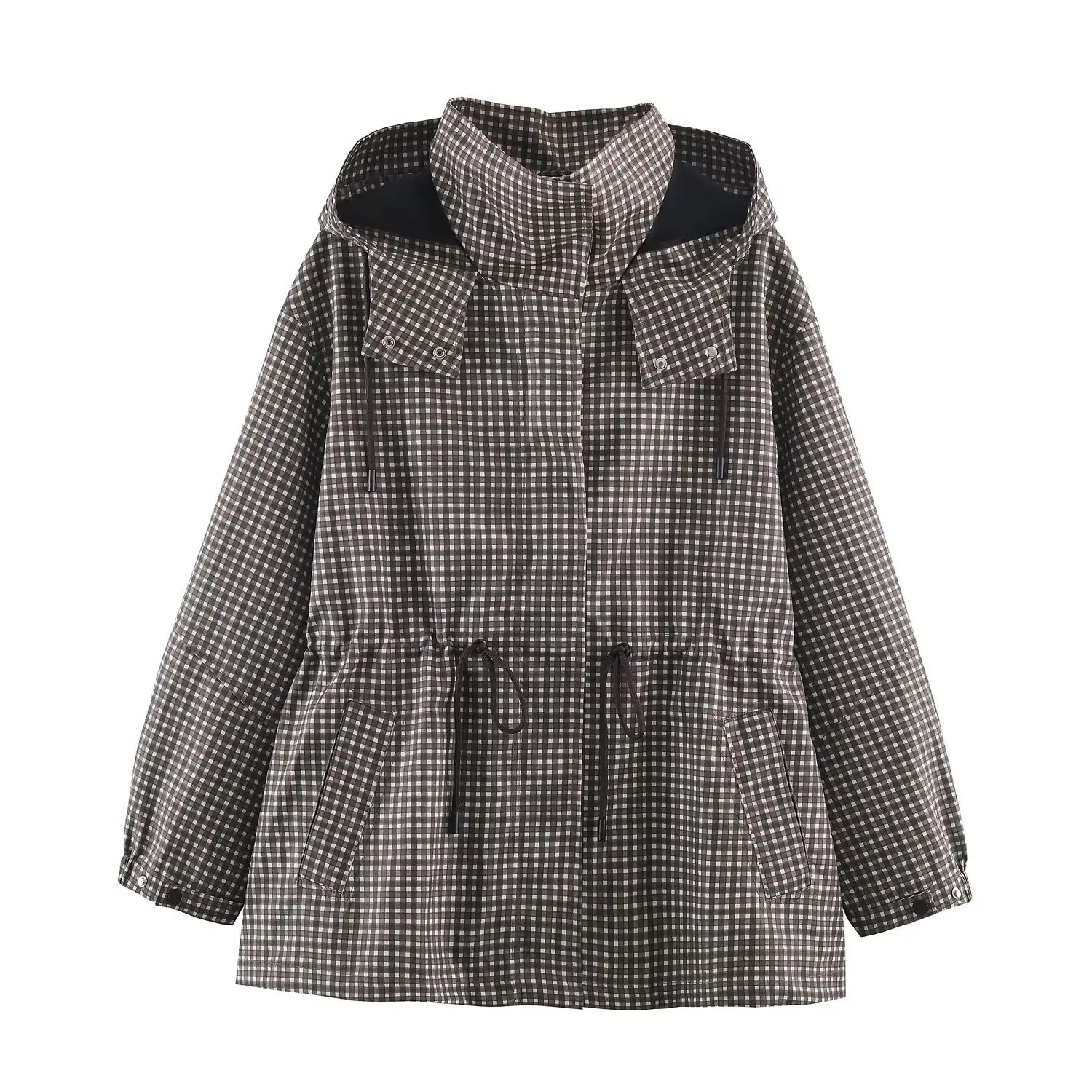 Modische Retro-Karo-Kapuzenjacke für Damen, Langarm, Tailliert, Locker Sitzend, Leichte Oberbekleidung, Mantel, Herbst 2026, Neue Alltagsjacken – Detail 4