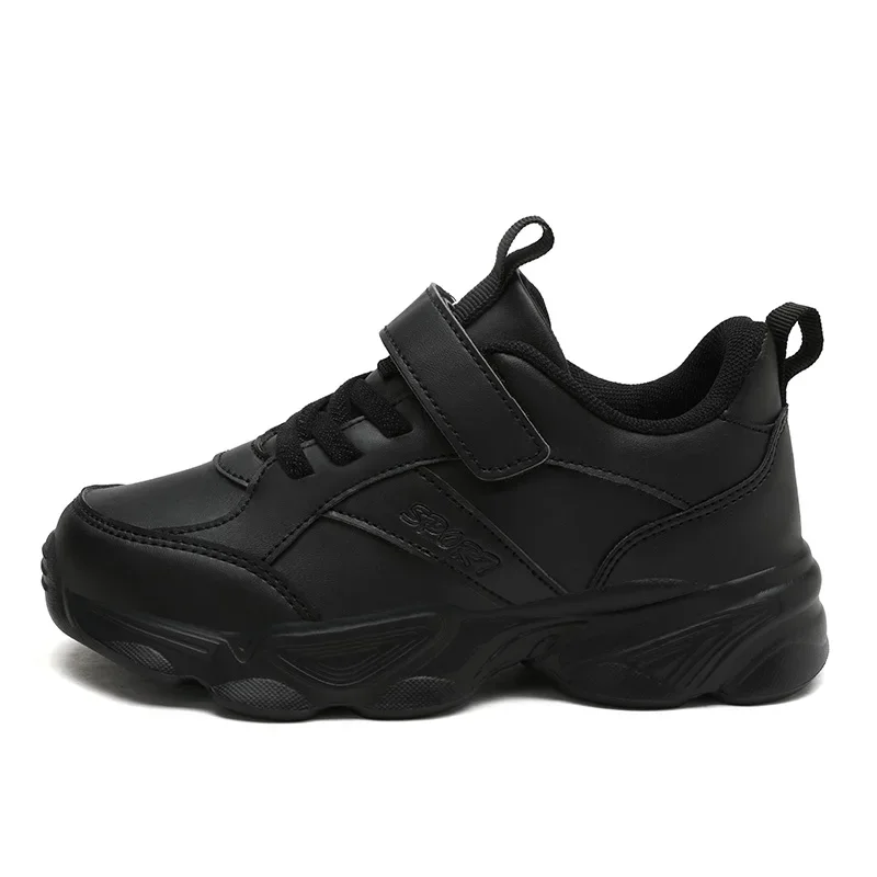 2024 New Kids Luxury Black Leather Sneakers Casual Sports Shoes for Children Anti-skid Wear-resistant School Shoe with Velcro