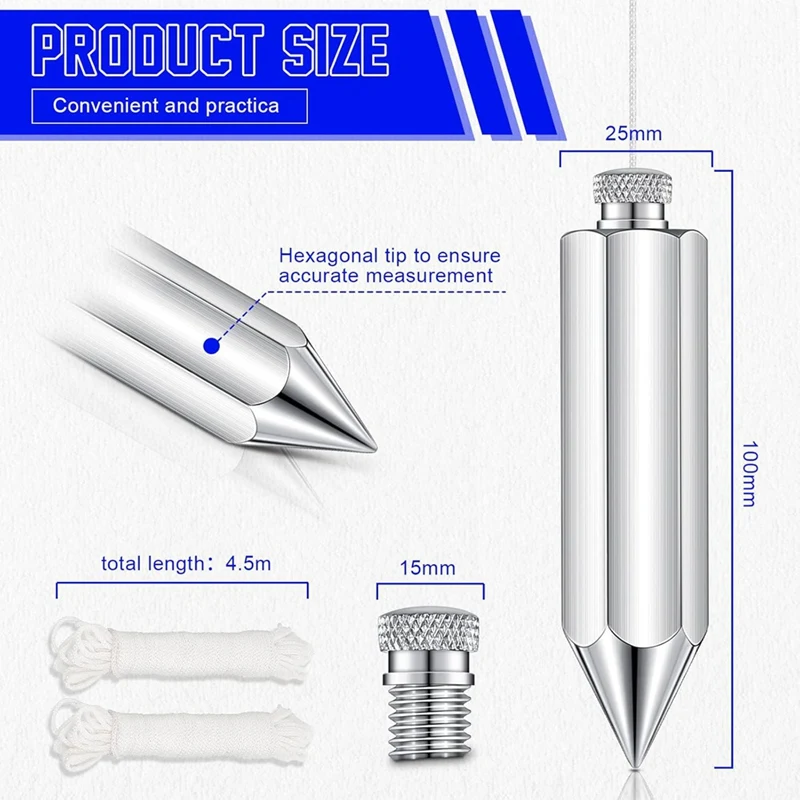 Hexagon Steel Plumbbob,2 Pcs Plumb Bobwith String 8 Ounce,5 Ounce Plumbbob Weight For Construction Carpentersurveyor