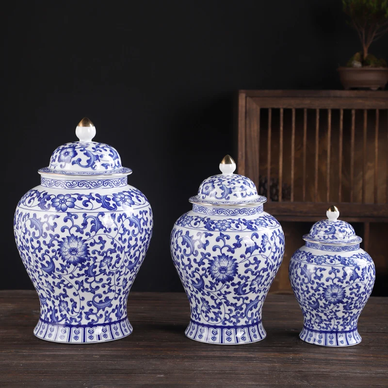 Chinese Style Gold-plated Ceramic General Jar Luxury Blue and White Porcelain Decorative with Lid Sealed Tea Decoration