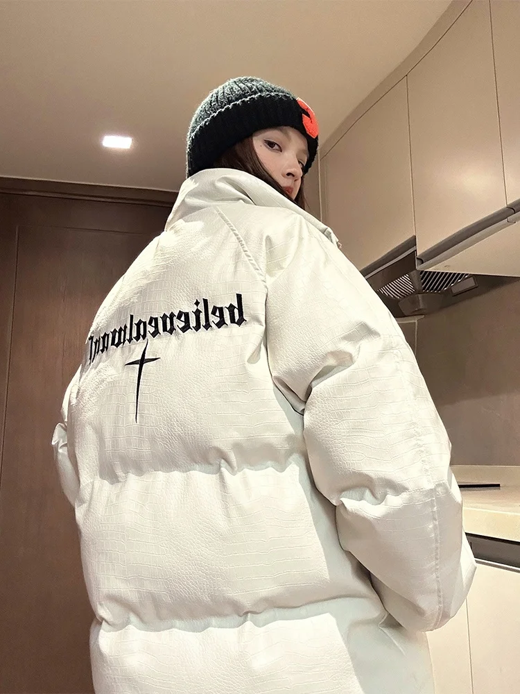 

Men's Winter Thiened PU Leather Cotton Jaet Loose Fit Crocodile Pattern Bread Coat American Retro Couple Outfit Zipper