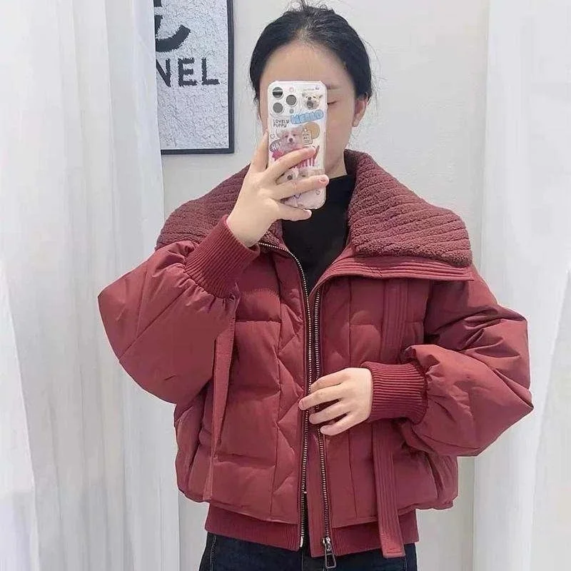 여성용 두꺼운 솜 패딩 재킷 스플라이스드 라펠 캐주얼 다운 코튼 코트 겨울용 따뜻한 루즈 숏 재킷 여성 아우터웨어