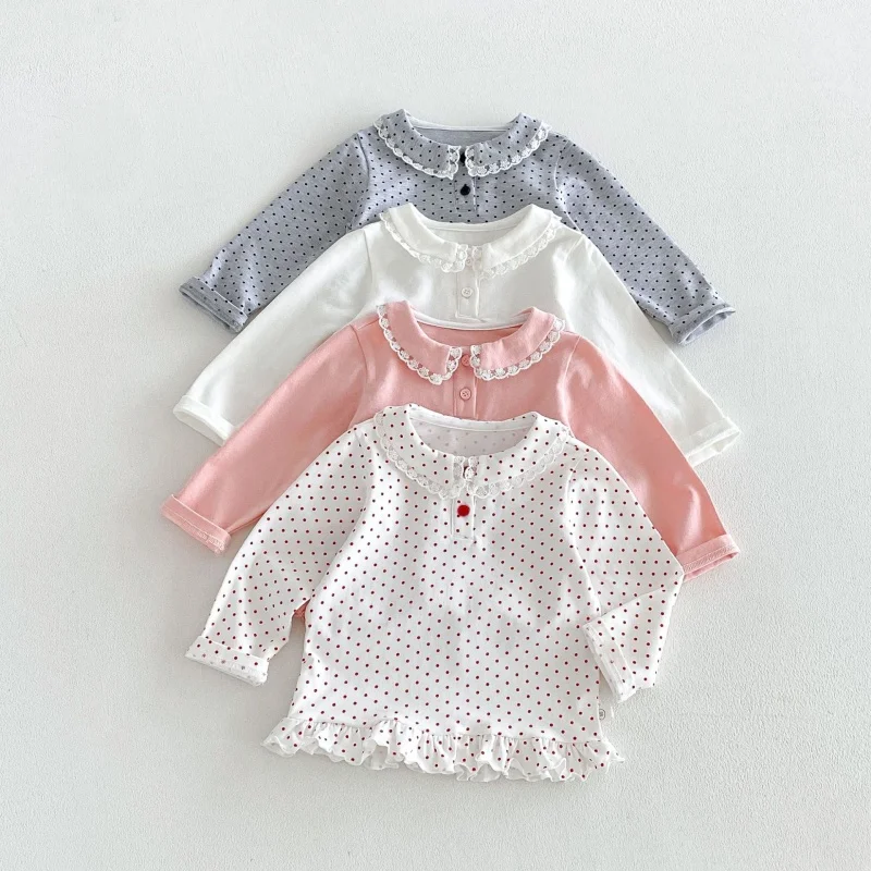 2026 Spring Autumn Polka Dot 1-6Y Children Girls T-shirts Peter Pan Collar Long Sleeve Tee Solid Soft Korean Style Kids Tops