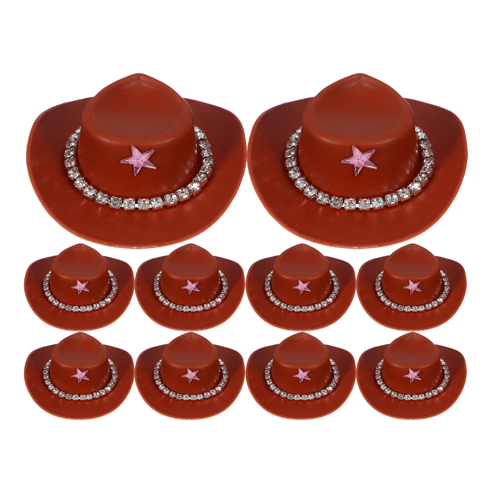 

10 шт. мини-ковбойские шляпы со стразами, украшенные цепочкой, прочный пластик, вечерние украшения в стиле вестерн, мини-ковбойские шляпы