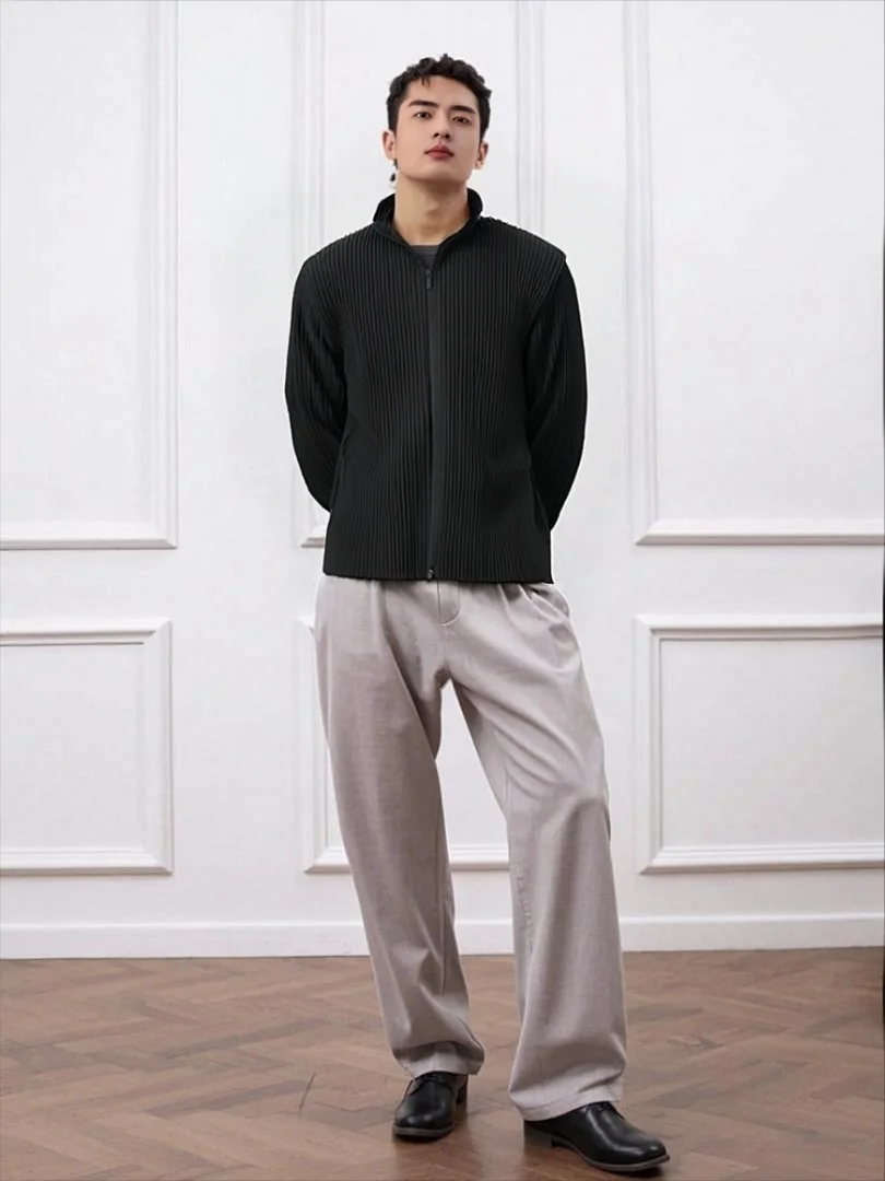 

Miyake Fold 2025 Men's Top Casual Fold Fashion Pleat Workwear Jacket Zipper Loose Pleated Long Sleeve Spring and Autumn Coat