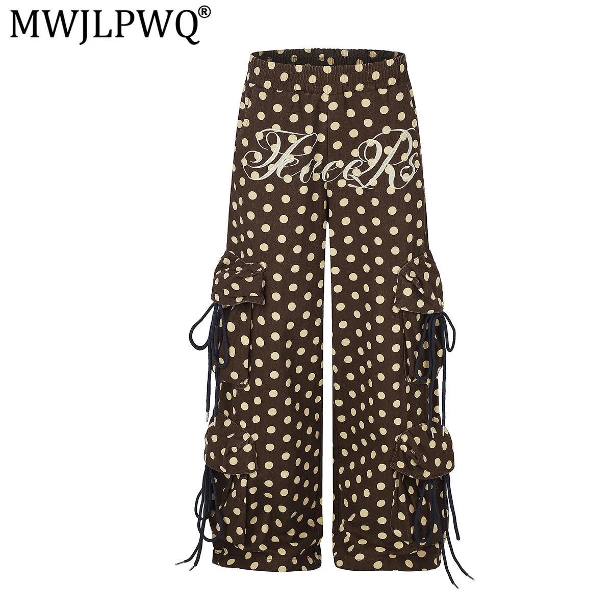 MWJLPWQ 2026 New American Style Dot Jeans Men's Drawstring Straight Multi-Pocket High Street Workwear Wide-Leg Pants New 17523