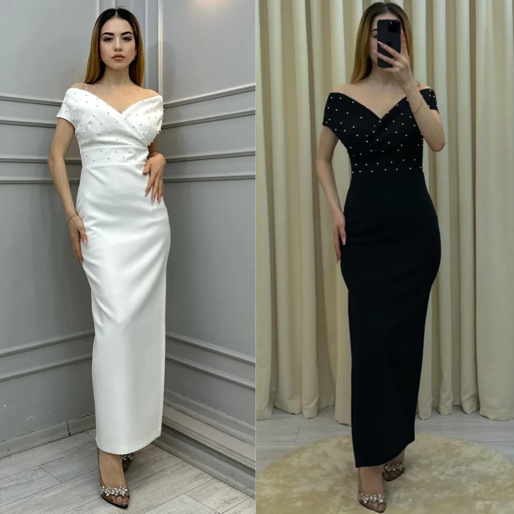 Vestido de noche personalizado con perlas de satén para fiesta de boda, corte en A, hombros descubiertos, vestido para ocasión a medida, vestidos por debajo de la rodilla de Arabia Saudita