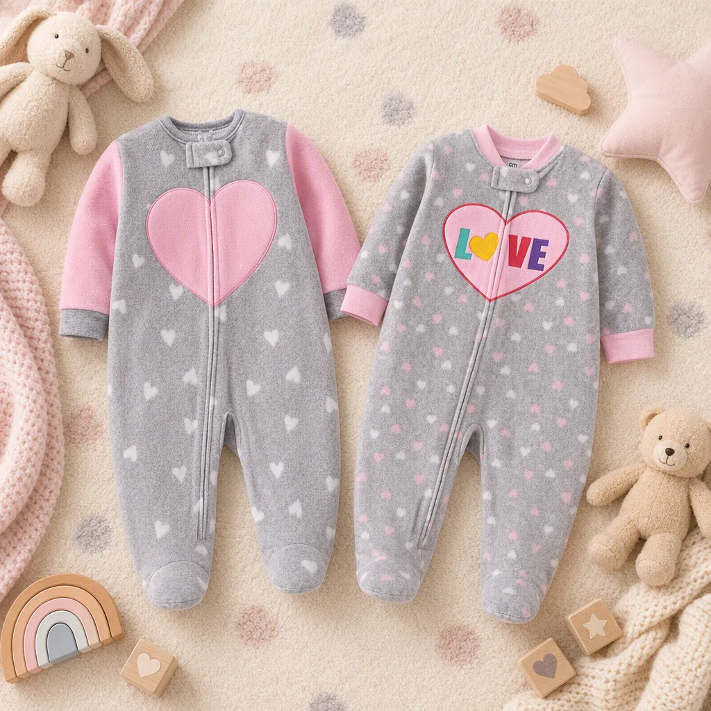 Infant Girls Polar Fleece Footed Romper Letter & Heart Embroidery Print Zip Onesie Warm Autumn Winter Newborn Baby Clothes 3-12M