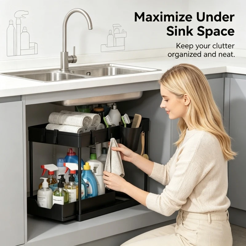 Home Household Sliding Under Sink Organizer 2 Tier Cabinet B