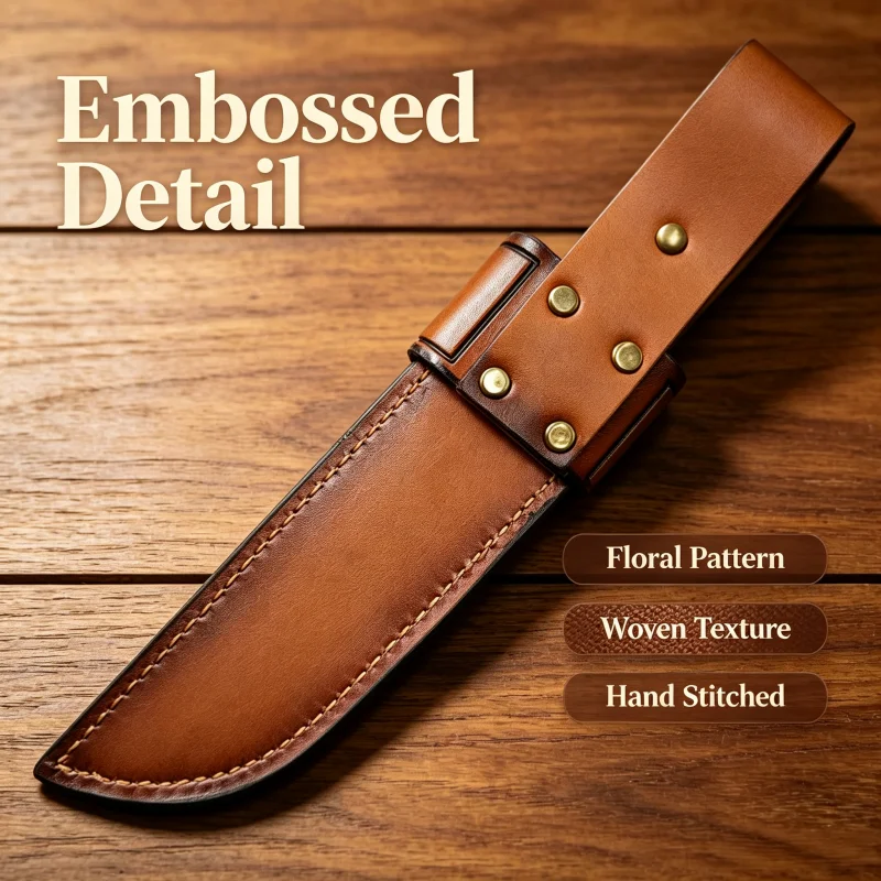 Vintage Floral Embossed Genuine Cowhide Fixed Blade Knife Sheath Waist Belt Carry Leather Scabbard Storage Cover Sheath Only No image 2