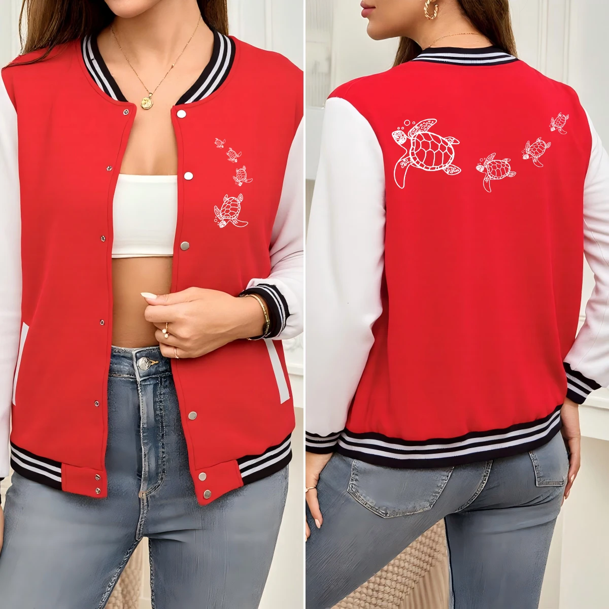 

A Group Of Swimming Turtles Printed Women Jacket Vintage Loose Clothes Street Colorful Baseball Uniform Autumn All-Match Top