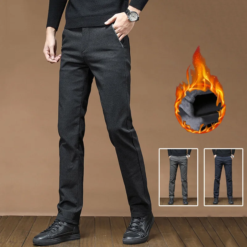 

2024 Winter Men Snow Warm Thermal Plush Pants Male Formal Occasion High End Woolen Fabric Pants Slim Fit Straight Leg Trousers
