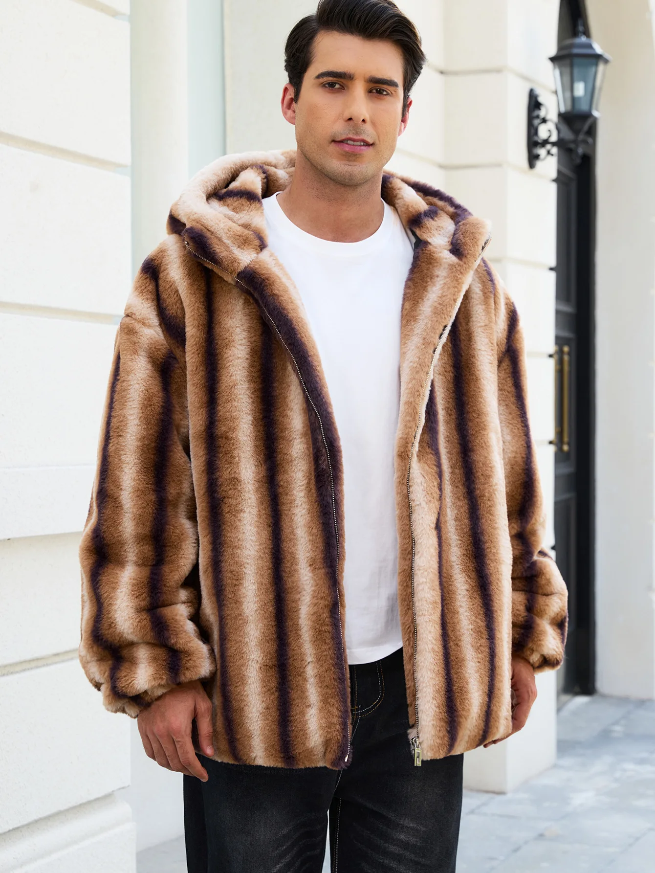Men's Imitation Fur Rabbit Hair Plush Jacket Coat Thickened Insulated Zipper Printed Contrast Casual Outerwear