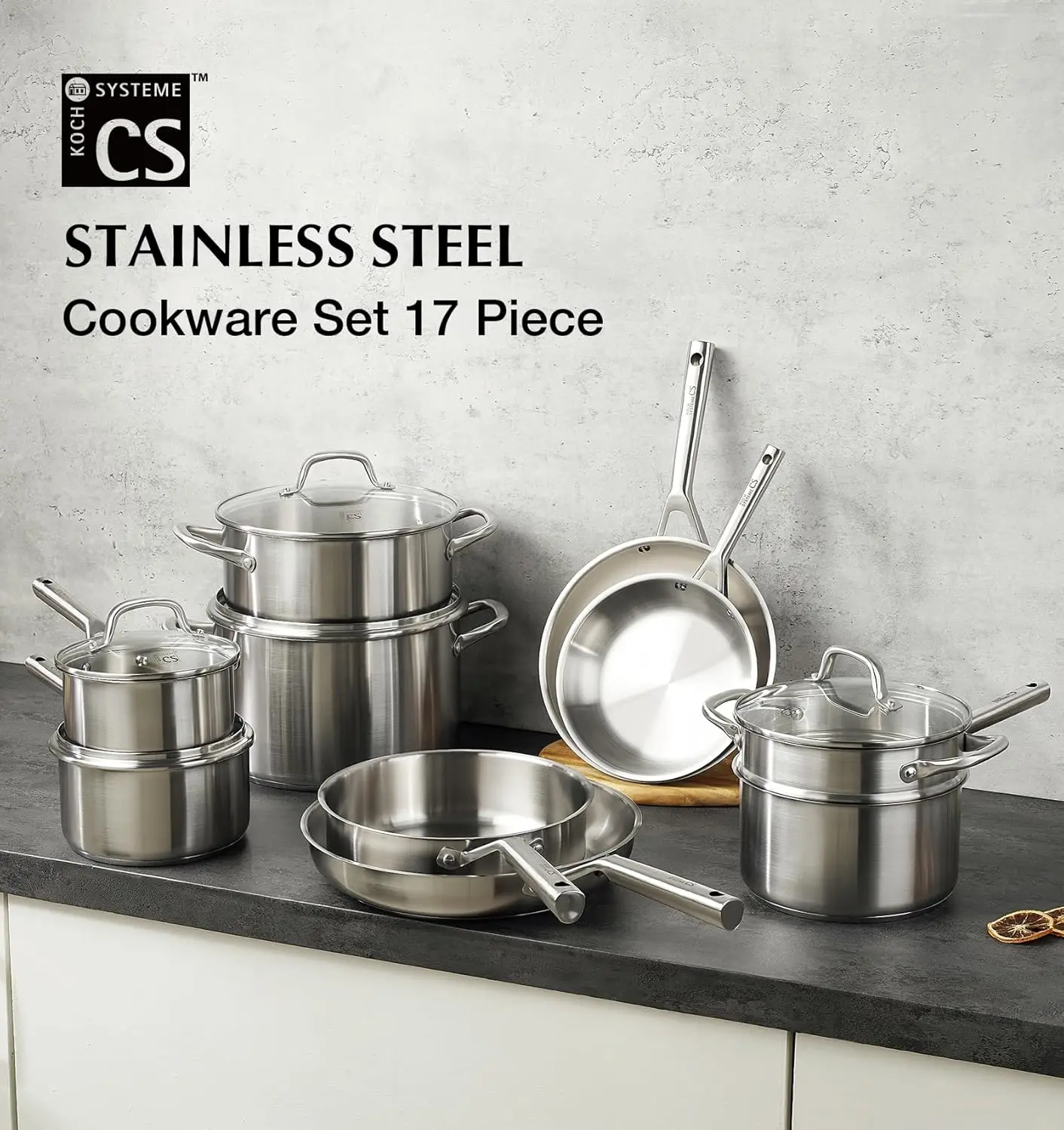 KOCH SYSTEME CS Stainless Steel Cookware Set 17 Piece, Professional 18/10 Stianless Steel Pots and Pans Set, 5-Layer Base, Oven & Induction Safe