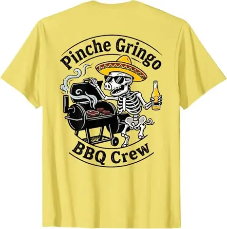 Pinche Gringo BBQ Crew Skelett-Schwein beim Grillen mit Bier (auf Rückseite) T-Shirt Y2k Kochen Smoker Grill Ästhetische Kleidung Herrenmode Tee – Detail 7