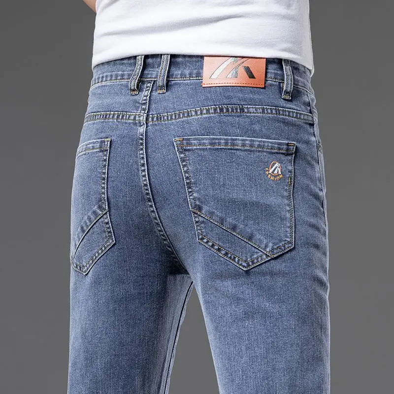 

Regular Fit Thin Jeans Soft Elastic Cotton Lyocell Washed Denim Pants Fashion Blue Gray Business Straight Trousers