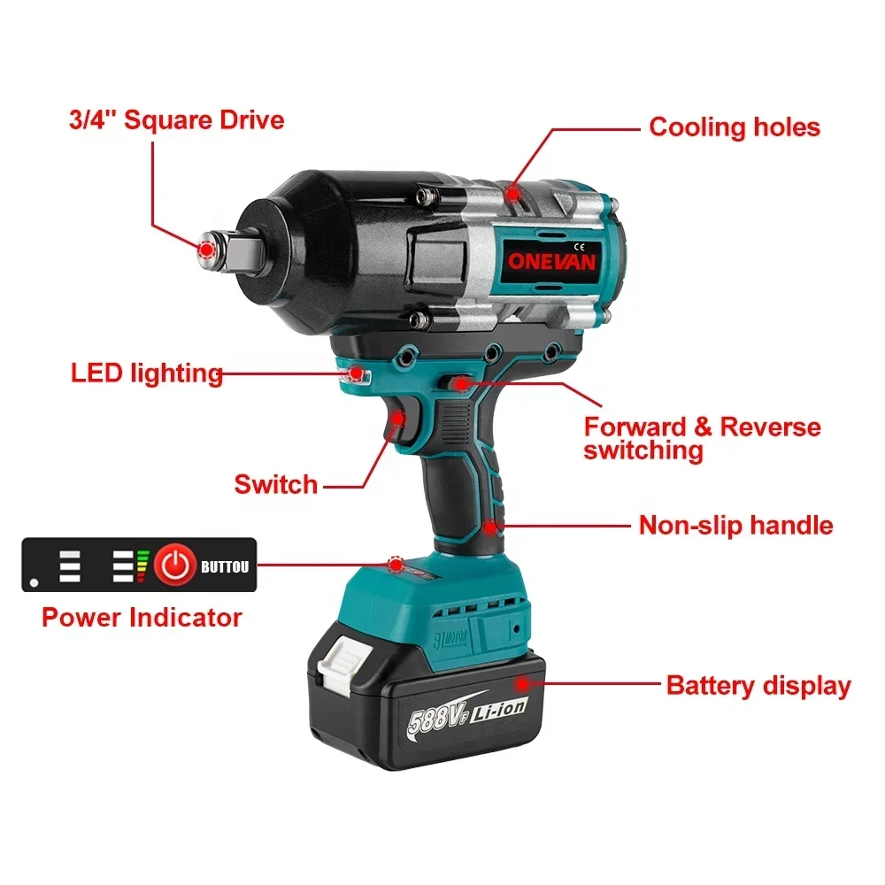 Onevan 3100nm chave elétrica sem escova 3/4 Polegada chave de impacto sem fio 588vf bateria ferramenta elétrica portátil para makita 18v bateria