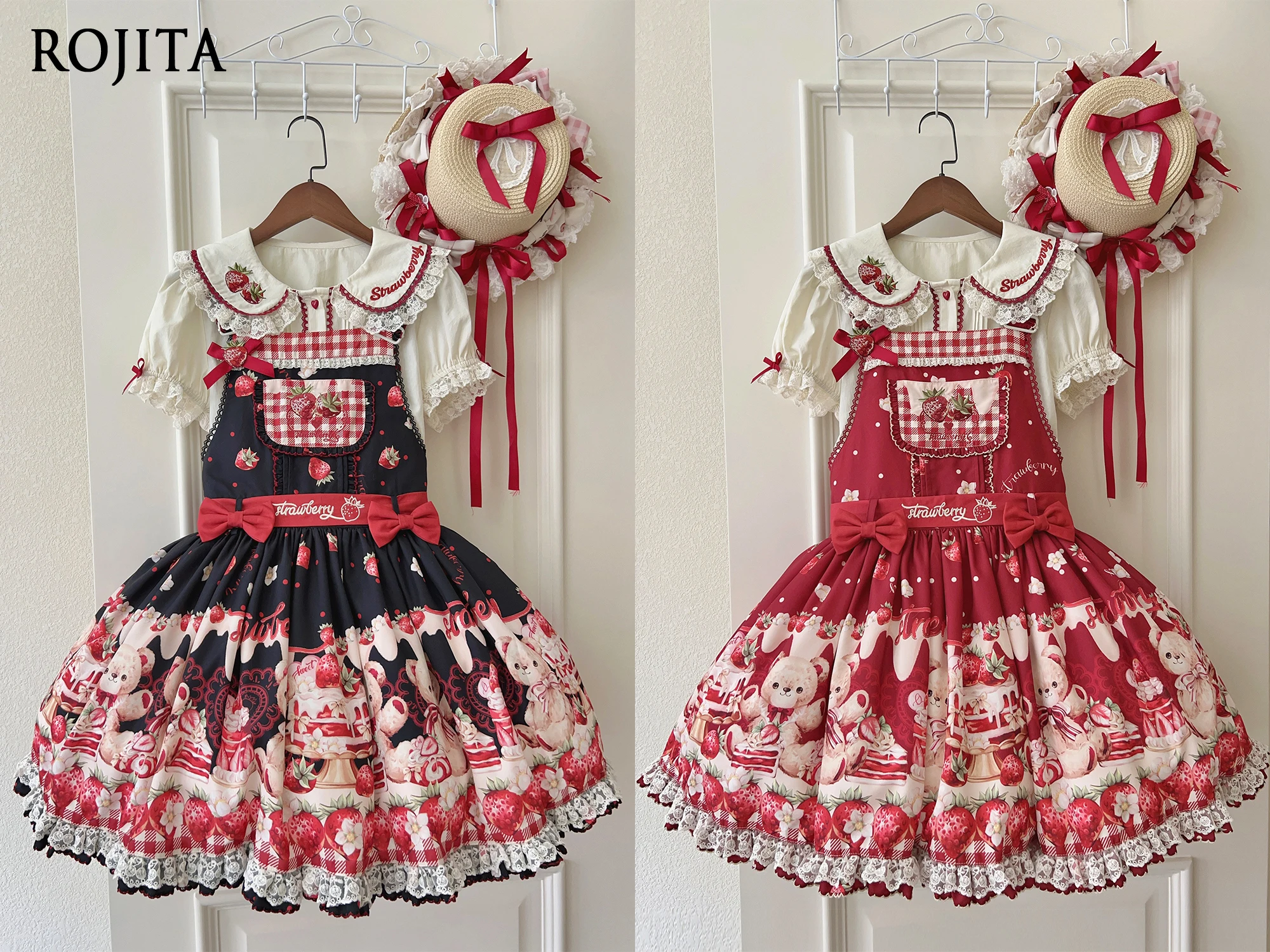 

Strawberry Print Cartoon Strap Dress 2025 New Japanese Lolita Dress Cute Women Dress Strawberry Embroidery Inner Wear Shirt Top